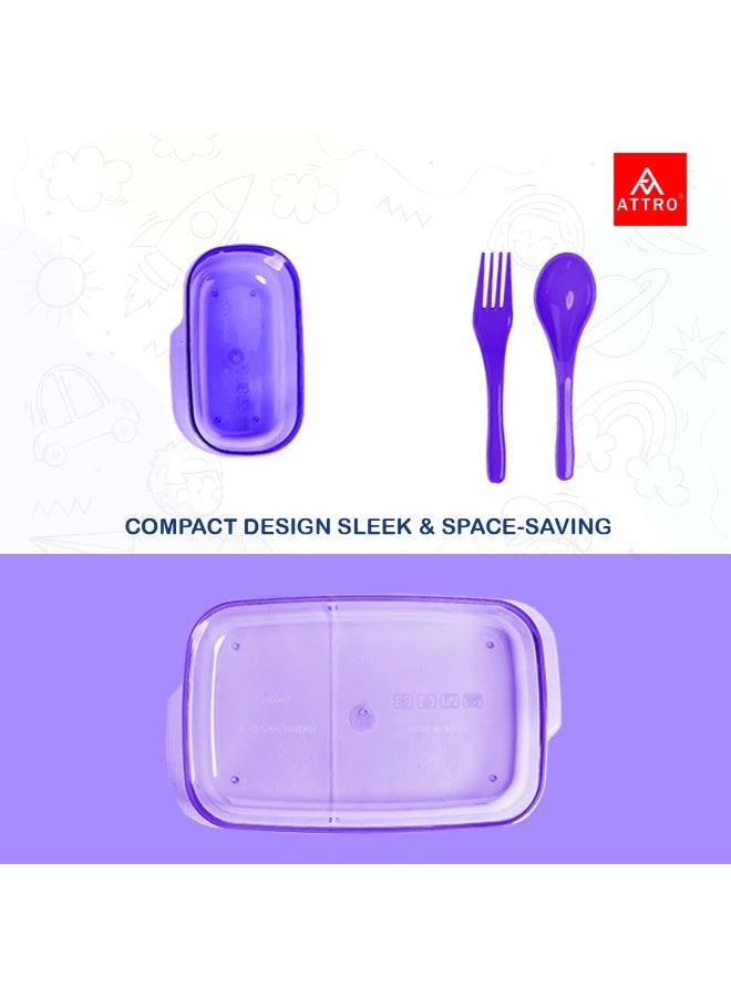ATTRO صندوق غداء ديفاين يأتي مع صندوق صغير وملعقتين صندوق غداء كرتوني رائع للأطفال آمن على الطعام ومقاوم للتسرب، تصميم مضغوط، سهل التركيب في أي حقيبة، حقائب مدرسية، 590 مل، أرجواني - Image 2