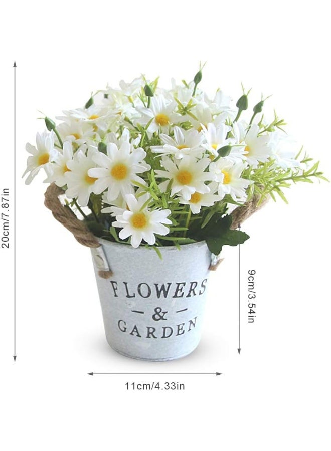 ALAMAREQ Artificial Flowers with Vase, Artificial Flowers in Pots, Fake Plants With Metal Pot, Plastic Flower, with Vintage Metal Bucket, Beautiful Decoration, for Wedding, Office, Home (White) - Image 2