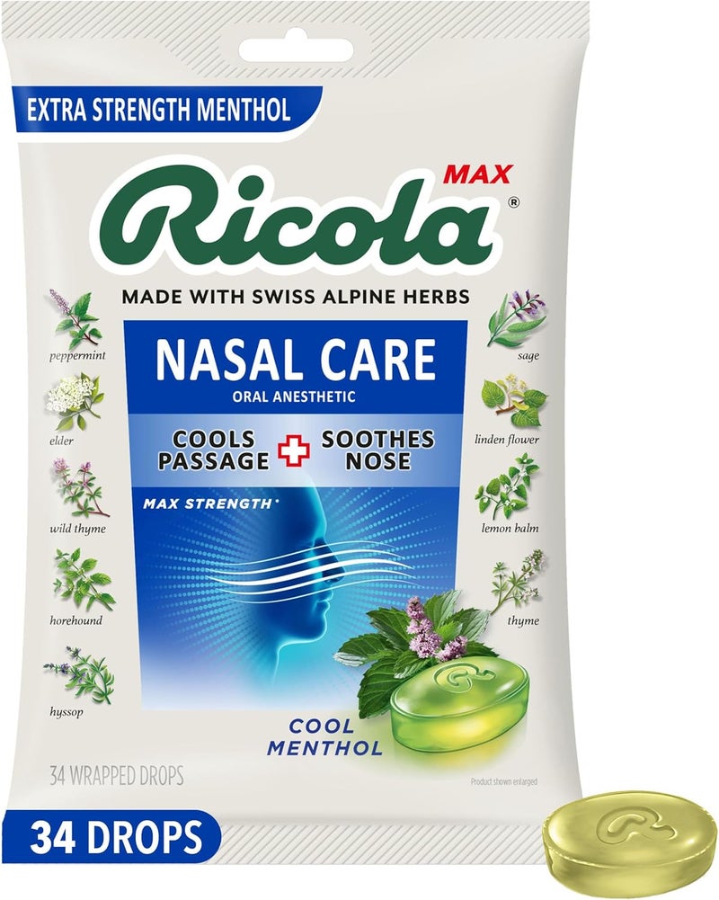 Ricola Ricola Max Cool Menthol Nasal Care Large Bag | Cough Suppressant Drops | Dual Action Liquid Center | Soothing Long-Lasting Relief - 34 Count (Pack of 1)