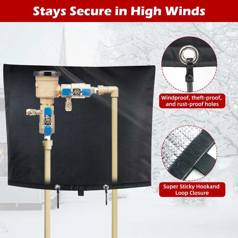 bruwaa Backflow Preventer Cover Insulated 30" x 24", Winter Freeze Protection Pipe Insulation Cover, Waterproof 600D Oxford Sprinkler Valve Cover with Bonus Zip Ties, Black Pouch - Image 4