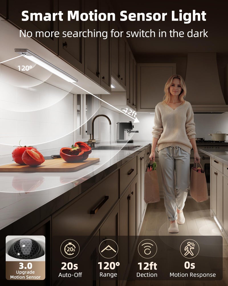 EZVALO 5-Pack Under Cabinet Lighting, 4000mAh Rechargeable Motion Sensor Light, 16.5inch Magnetic Closet Lights with Dimmable & 3 Color Temps, Wireless Motion Activated Lights with Remote for Kitchen - Image 3