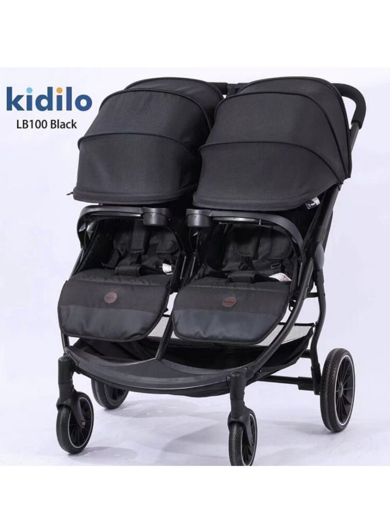 Kidilo عربة أطفال كيديلو LB100 مزدوجة – جودة ممتازة، آمنة، قابلة للطي، خفيفة الوزن، عربة سفر مريحة مع مظلة قابلة للتعديل، مقاعد قابلة للإمالة، وسلة تخزين واسعة للتوائم أو الأشقاء