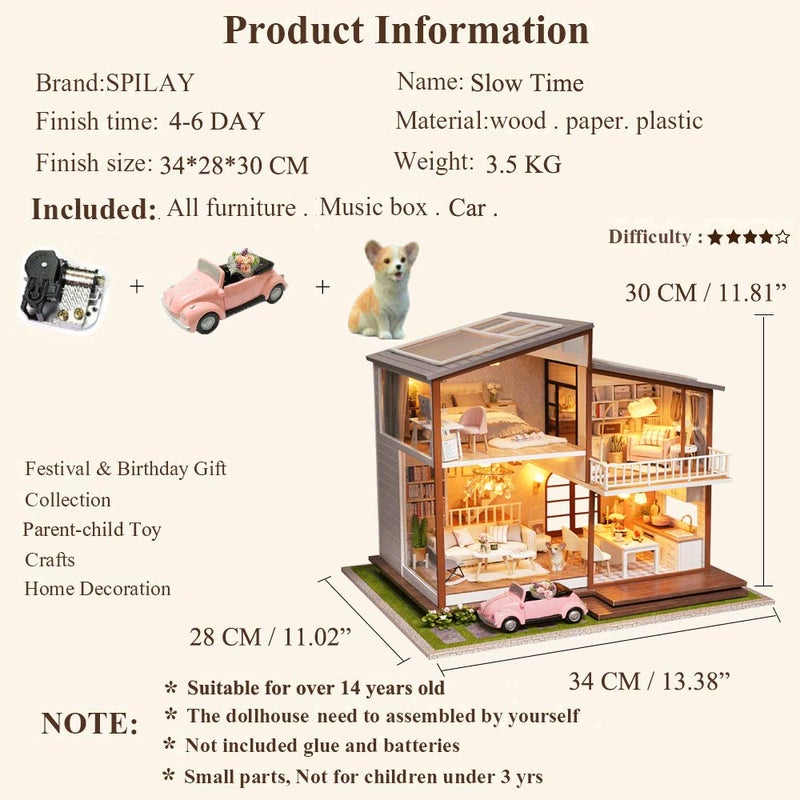 Spilay DIY Dollhouse Miniature with Wooden Furniture,DIY Dollhouse Kit Large Villa Model with LED Light & Music Box,1:24 Scale Creative Room Gift for Adult Teenager - Image 4