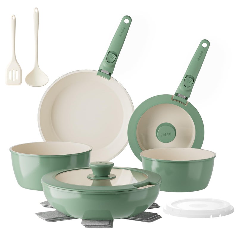 Redchef Ceramic Nonstick Pans and Pots Set, Ceramic Cookware Set with Detachable Handles16Pcs, Induction Dishwasher Oven Safe Kitchen Cooking Set, PFAS PFOA & PTFE Free, Green - Image 1