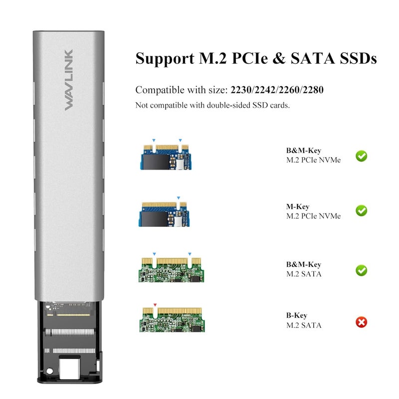WAVLINK Aluminum M.2 NVMe and SATA SSD Enclosure, USB 3.1 Gen 2(10Gbps) to NVMe PCI-E and SATA SSD Case, Supports UASP Trim for M-Key/B+M Key SSDs 2230/2242/2260/2280 (Up to 8TB) - Image 5