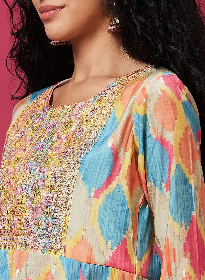 globus Embroidered Printed Round Neck Anarkali Kurta by Styli