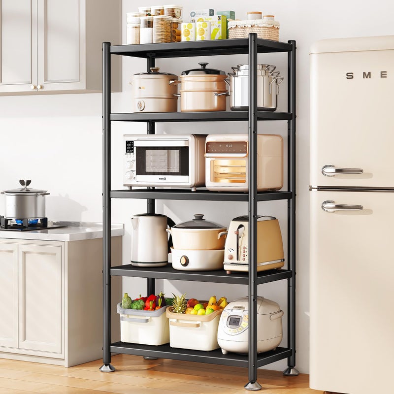 5 Tier Adjustable Storage Shelves Heavy Duty Metal Storage Rack with Wheels Shelving Units Utility Shelf for Kitchen Pantry Bathroom Garage Office Organization and Storage Black 13x24x597