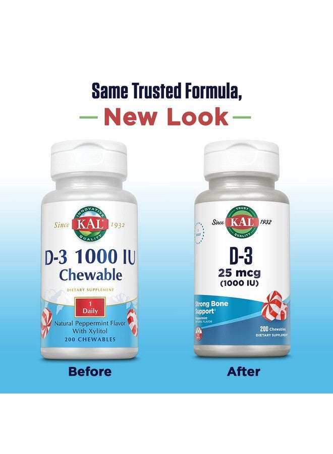 KAL Vitamin D-3 1000 IU Chewable | Peppermint Flavor | Healthy Immune Function & Bone Support | 200 Chews, 200 Serv - Image 2