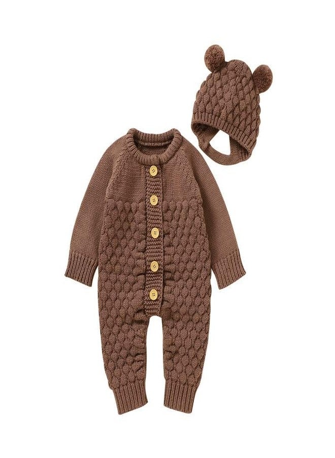 LAWKUL Baby Outfit Knitted Newborn Infant Romper Long Sleeve Sweater Clothes With Warm Hat Set Jumpsuit Toddler Boy Girls 0-3M Brown - Image 2