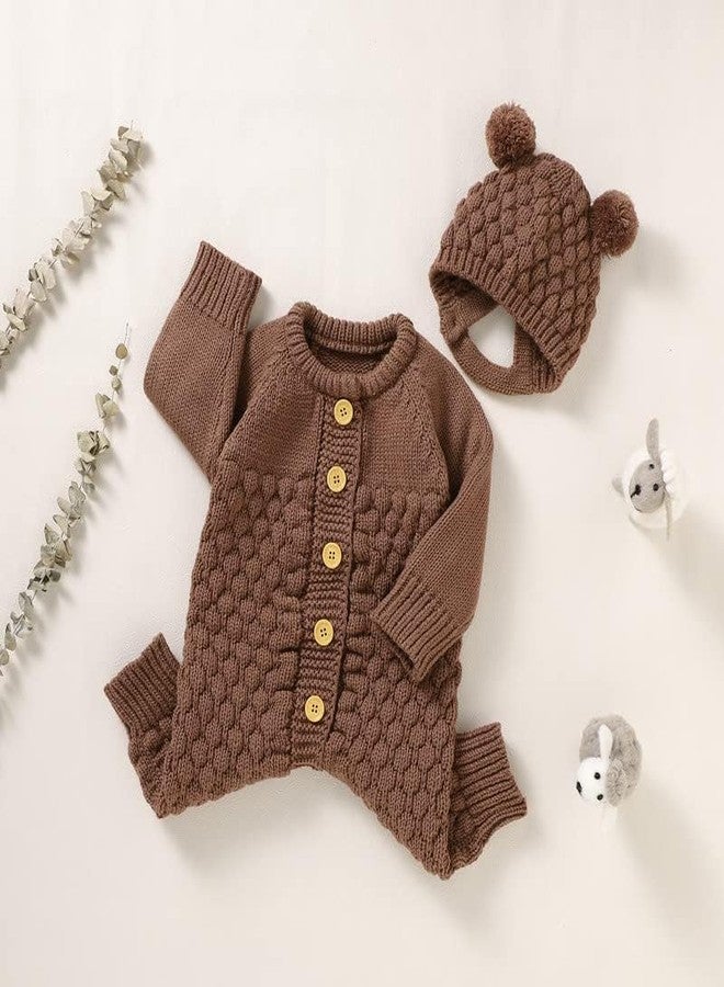LAWKUL Baby Outfit Knitted Newborn Infant Romper Long Sleeve Sweater Clothes With Warm Hat Set Jumpsuit Toddler Boy Girls 0-3M Brown - Image 3