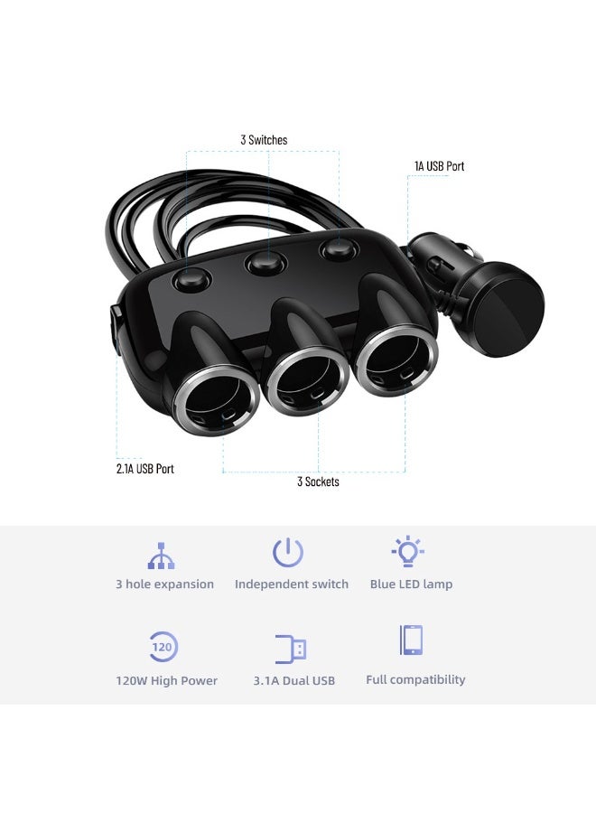 Earlodom Car Charger 3 Sockets Dual USB Ports Car Splitter Adapter with Switches - Image 2