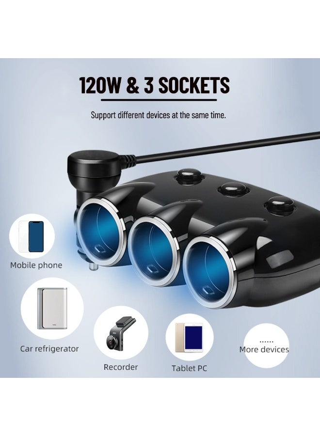 Earlodom Car Charger 3 Sockets Dual USB Ports Car Splitter Adapter with Switches - Image 3