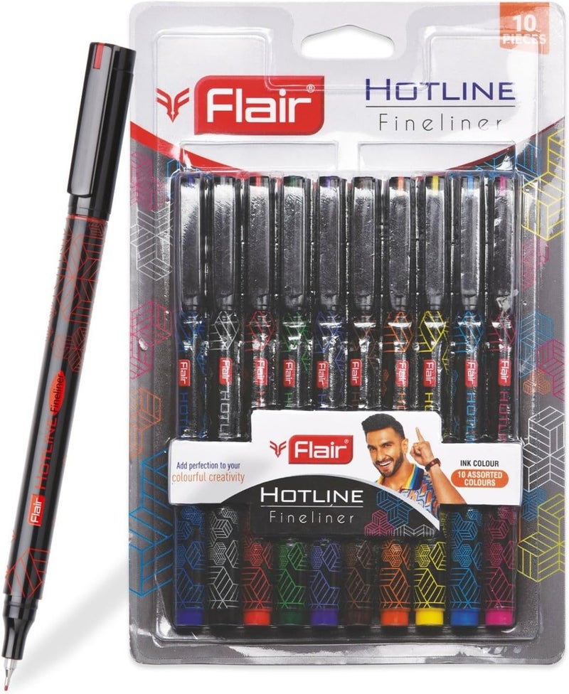 FLAIR Hotline 0.7 to 1 mm Metal Tip Fineliner Pen Blister Pack | Light Weight Body With Comfortable Grip | Ideal For Mandala, Sketching, Doodling, Journal & Outline| Multicolor Ink, Pack of 10 Pens - Image 1