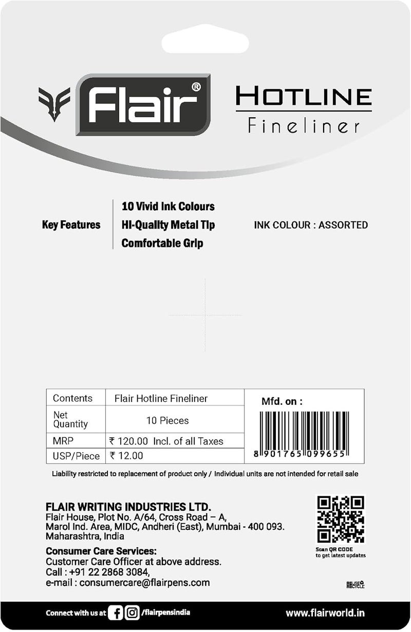 FLAIR Hotline 0.7 to 1 mm Metal Tip Fineliner Pen Blister Pack | Light Weight Body With Comfortable Grip | Ideal For Mandala, Sketching, Doodling, Journal & Outline| Multicolor Ink, Pack of 10 Pens - Image 5