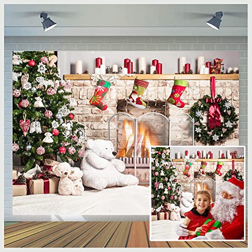 Dudaacvt 7x5ft Christmas Photography Backdrop Christmas Fireplace Backdrop White Brick Fireplace Bear Xmas Tree Backgrounds Children Photography Studio Prop - Image 1