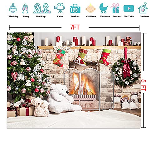 Dudaacvt 7x5ft Christmas Photography Backdrop Christmas Fireplace Backdrop White Brick Fireplace Bear Xmas Tree Backgrounds Children Photography Studio Prop - Image 4