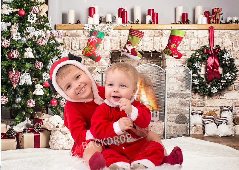 Dudaacvt 7x5ft Christmas Photography Backdrop Christmas Fireplace Backdrop White Brick Fireplace Bear Xmas Tree Backgrounds Children Photography Studio Prop - Image 2