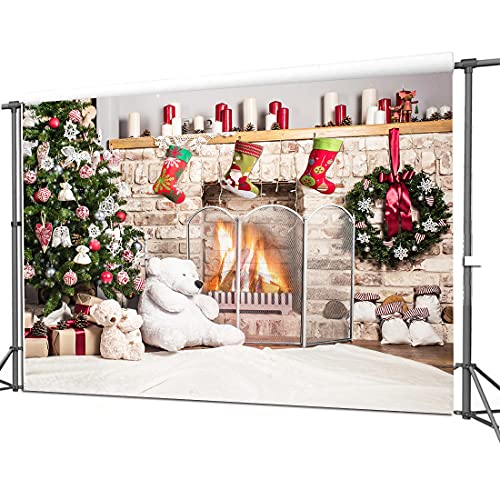 Dudaacvt 7x5ft Christmas Photography Backdrop Christmas Fireplace Backdrop White Brick Fireplace Bear Xmas Tree Backgrounds Children Photography Studio Prop - Image 3