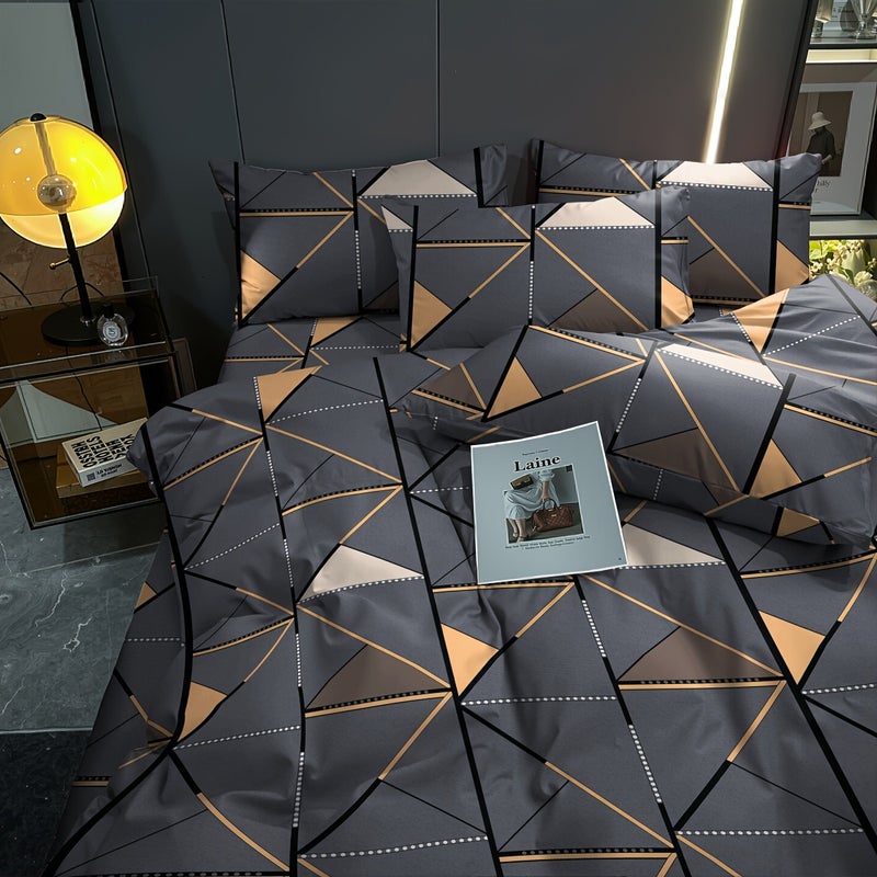 3pcs Set, Golden Striped Triangle Print Duvet Cover Bedding, Soft, Comfortable, Breathable, Suitable for Bedroom, Guest Room, School Dormitory Decoration 1 * Duvet Cover + 2 * Pillowcases, Excluding Cores - Image 4