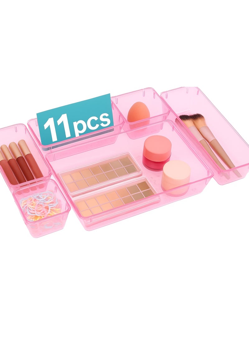 A set of 11 imported pink drawer organizer trays, divided storage boxes for office drawers, storage shelves for utensils, household items, cosmetics, furniture, and office furniture. - Image 1