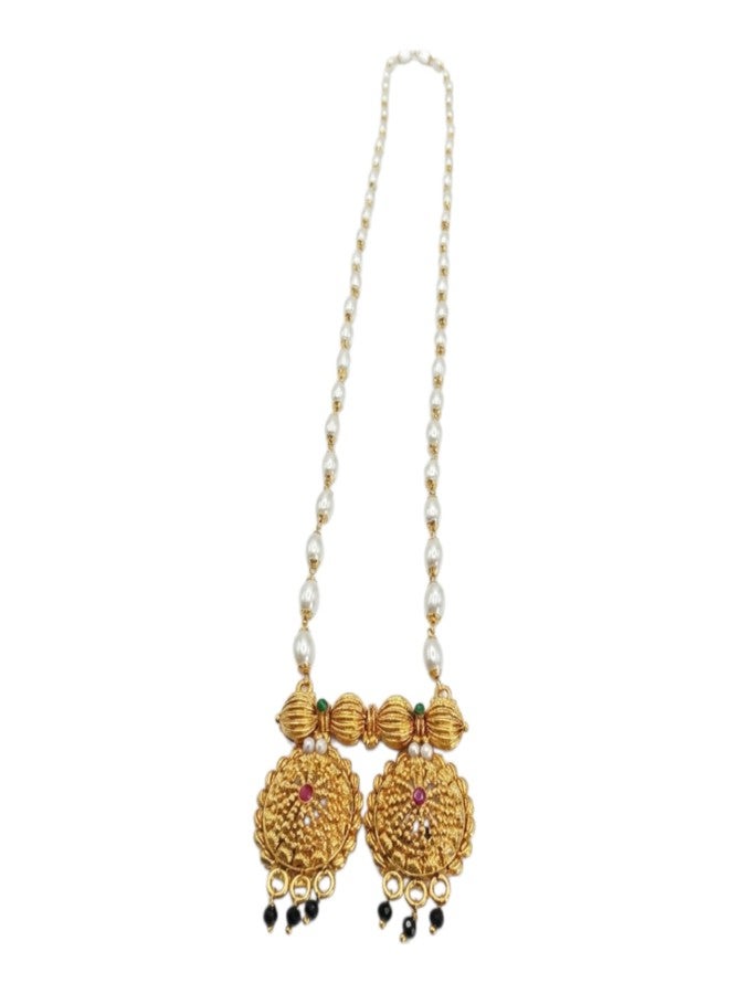 قلادة آيكو التقليدية المطلية بالذهب مع اللؤلؤ، طولها 30 بوصة | تصميم قلادة فاتي بلمسة نهائية عتيقة غير لامعة مع خرز أسود متدلي | مجوهرات عرقية أنيقة للنساء (قلادة طويلة) - Image 1