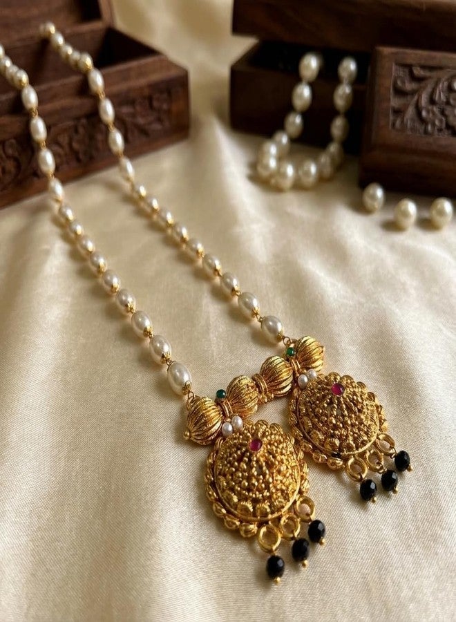 قلادة آيكو التقليدية المطلية بالذهب مع اللؤلؤ، طولها 30 بوصة | تصميم قلادة فاتي بلمسة نهائية عتيقة غير لامعة مع خرز أسود متدلي | مجوهرات عرقية أنيقة للنساء (قلادة طويلة) - Image 5