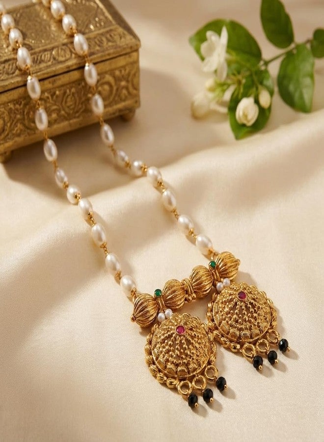 قلادة آيكو التقليدية المطلية بالذهب مع اللؤلؤ، طولها 30 بوصة | تصميم قلادة فاتي بلمسة نهائية عتيقة غير لامعة مع خرز أسود متدلي | مجوهرات عرقية أنيقة للنساء (قلادة طويلة) - Image 4