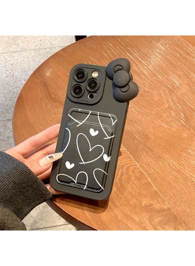 Temu Durable black silicone iPhone case with a white hearts design. Provides full protection for your phone, is shockproof and scratch-resistant, and features a black bow at the top of the cover. Compatible with iPhone 14 Pro Max. - Image 2