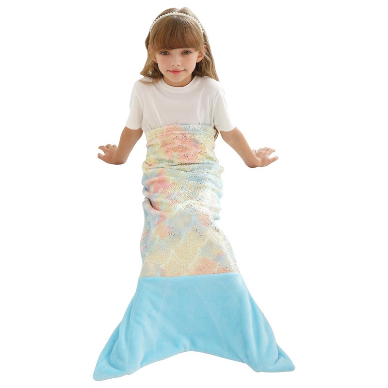 Softan Kids Mermaid Tail Blanket Girls Toddlers Mermaid Toys Little Mermaid Blanket with Rainbow Ombre Glittering Fish Scale Design Gifts for Girls 17 x 39 Plush Flannel Fleece