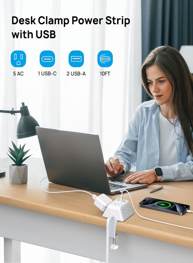 TROND Desk Clamp Power Strip, Surge Protector with 5 AC Outlets and 3 USB Ports, Desk Mount Charging Station, Fit 1.97in Tabletop Edge Thick, 10FT Extension Cord, for Home Office Gaming Accessories - Image 2