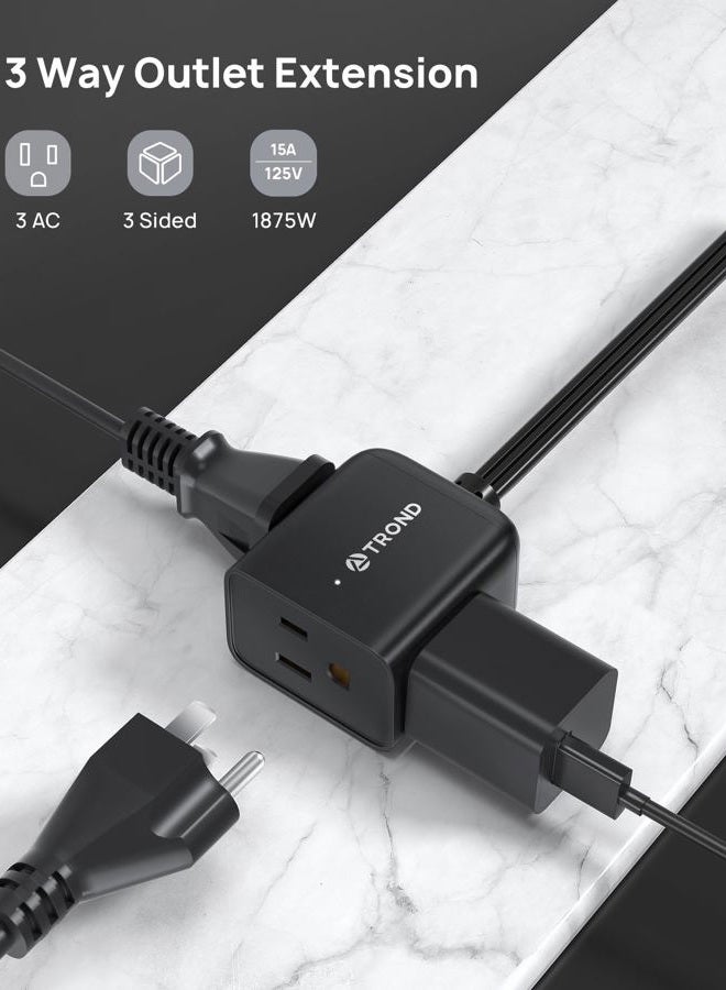 TROND Flat Outlet Extender with 6 Inch Cord - ETL Listed Multi Plug Extension Outlet Splitter, Electrical 3 Way Plug Adapter Wall Extender for Home Office Cruise Ship Travel Essentials, Black - Image 3