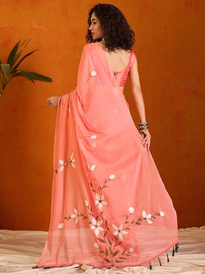 SAREE MALL Women's Pink Chiffon Botanical Printed Saree With Unstitched Blouse Piece (PAINTING101_SU) - Image 2