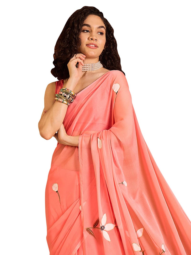 SAREE MALL Women's Pink Chiffon Botanical Printed Saree With Unstitched Blouse Piece (PAINTING101_SU) - Image 1