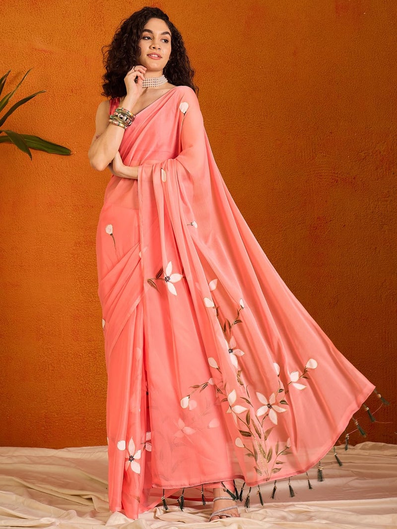 SAREE MALL Women's Pink Chiffon Botanical Printed Saree With Unstitched Blouse Piece (PAINTING101_SU) - Image 3