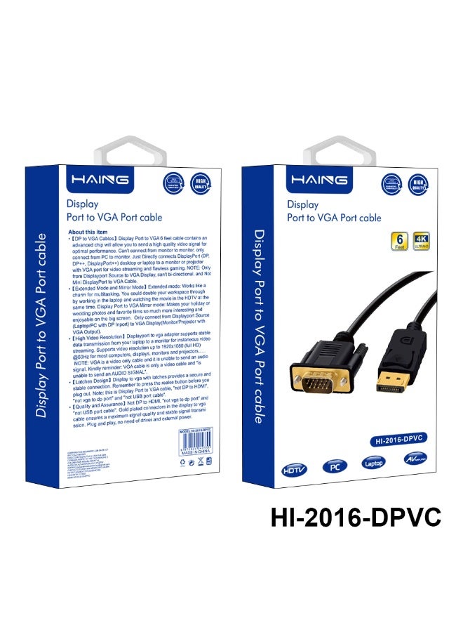 Haing 1.8m DisplayPort to VGA cable, secure connection: Clip-in design ensures a stable connection.