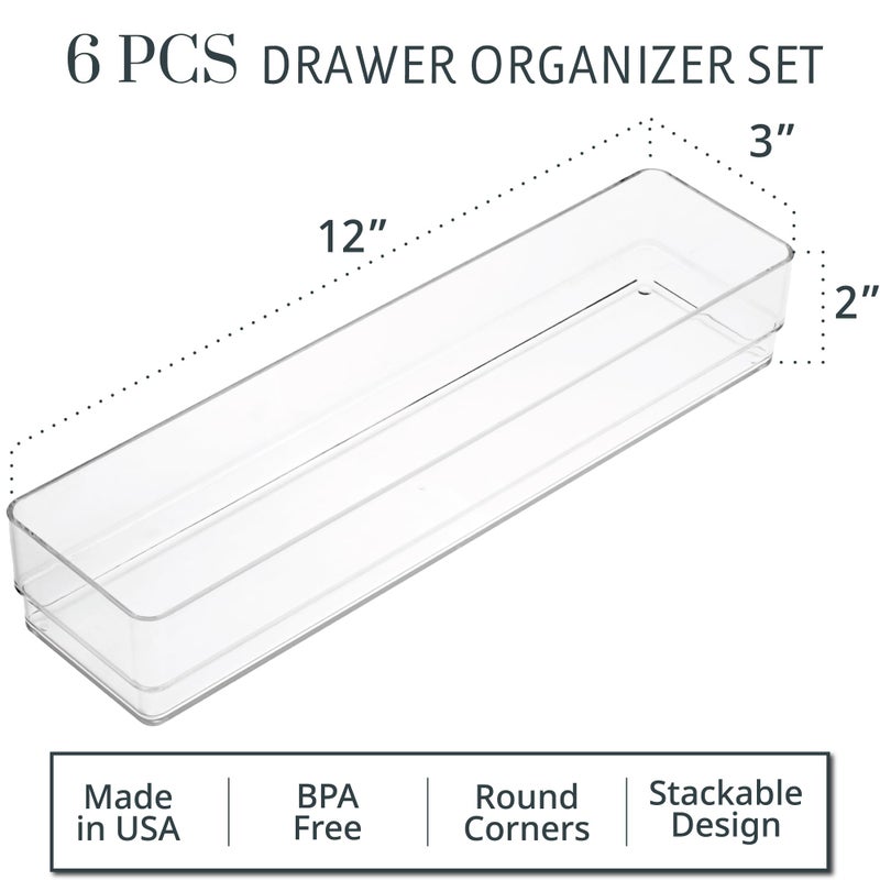 STORi SimpleSort 6-Piece Stackable Clear Drawer Organizer Set | 12" x 3" x 2" Rectangle Trays | Narrow Makeup Vanity Storage Bins and Office Desk Drawer Dividers | Made in USA - Image 2