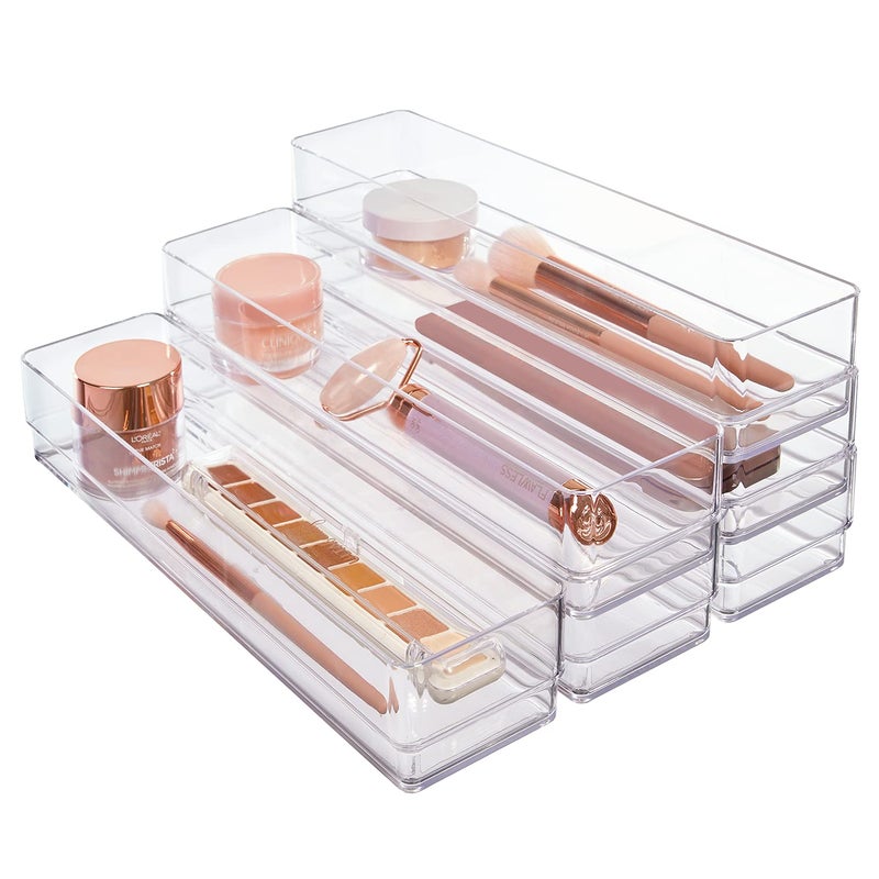 STORi SimpleSort 6-Piece Stackable Clear Drawer Organizer Set | 12" x 3" x 2" Rectangle Trays | Narrow Makeup Vanity Storage Bins and Office Desk Drawer Dividers | Made in USA - Image 1