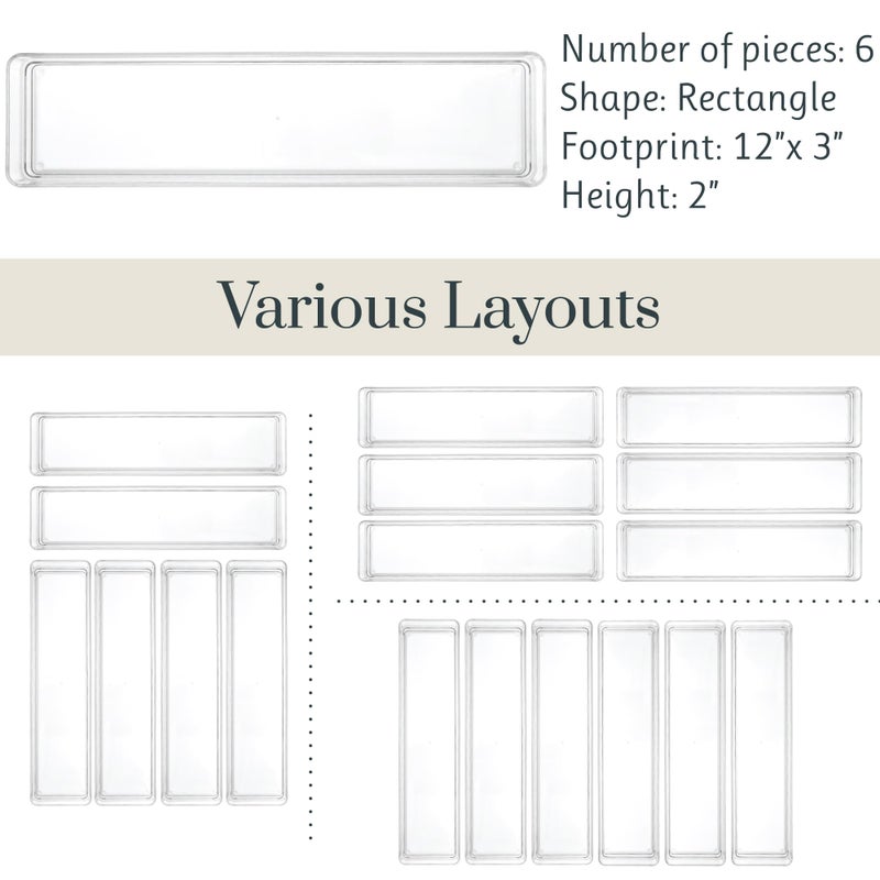 STORi SimpleSort 6-Piece Stackable Clear Drawer Organizer Set | 12" x 3" x 2" Rectangle Trays | Narrow Makeup Vanity Storage Bins and Office Desk Drawer Dividers | Made in USA - Image 5