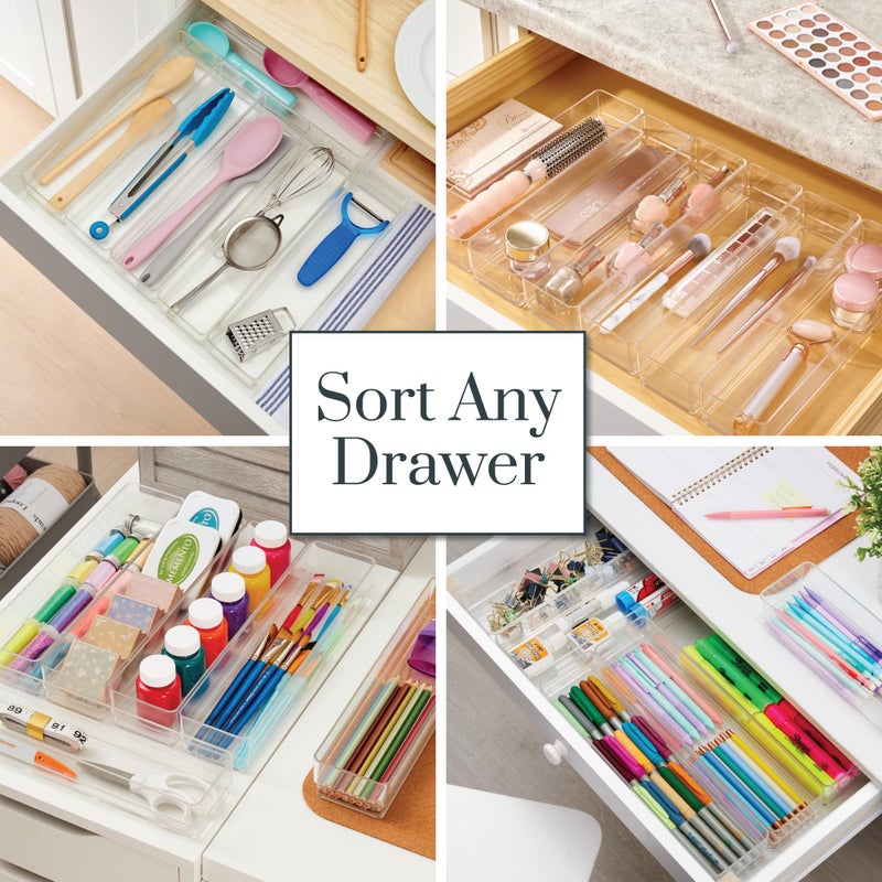 STORi SimpleSort 6-Piece Stackable Clear Drawer Organizer Set | 12" x 3" x 2" Rectangle Trays | Narrow Makeup Vanity Storage Bins and Office Desk Drawer Dividers | Made in USA - Image 4