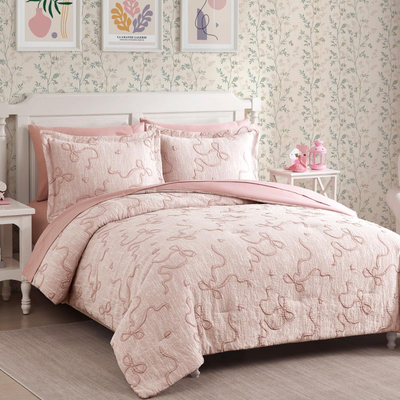 Geniospin Pink Full Comforter Set for Girls- 7 Pieces Bowknot Jacquard Bed in A Bag Full Bedding Sets with Sheets, Pillowcases & Shams, All Season Kids Comforter Set - Image 4