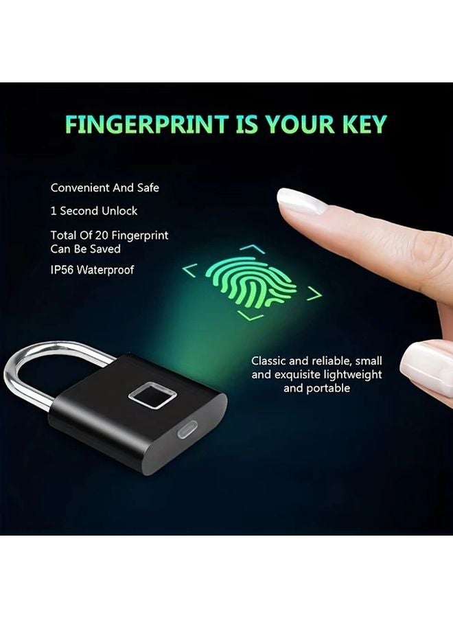 Black Mini Smart Fingerprint Padlock Keyless USB Rechargeable Waterproof Security Lock - Image 2