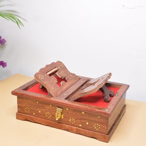 Santarms Handmade Wooden Quran Box with Fordable Rehal Stand for Holy Quran Sharif Geeta or gita Books | Book Stands for Reading Quran Sharif - Best Gift for Bride Or Bridal Sharif (13 * 4 Inch) - Image 4