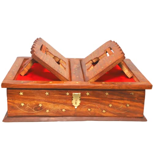 Santarms Handmade Wooden Quran Box with Fordable Rehal Stand for Holy Quran Sharif Geeta or gita Books | Book Stands for Reading Quran Sharif - Best Gift for Bride Or Bridal Sharif (13 * 4 Inch) - Image 1