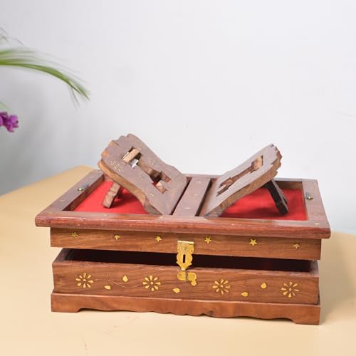 Santarms Handmade Wooden Quran Box with Fordable Rehal Stand for Holy Quran Sharif Geeta or gita Books | Book Stands for Reading Quran Sharif - Best Gift for Bride Or Bridal Sharif (13 * 4 Inch) - Image 5