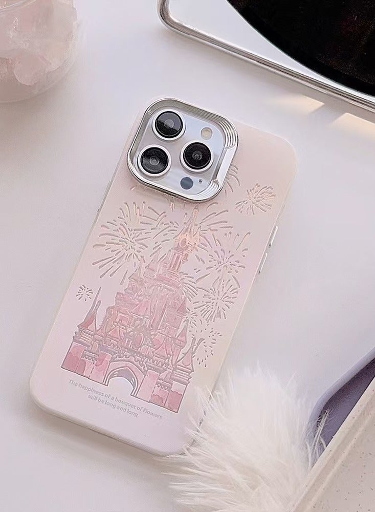 غطاء محمي من الصدم PP صلب لiPhone 16، لمسة ناعمة القطن الكاملة لحماية الهاتف بتصميم القلعة الوردية بنمط الليزر (الوردي)