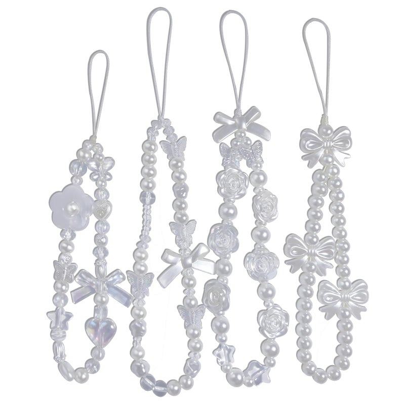 cioatu 4 Pieces Cute Phone Charms Beaded Phone Strap Aesthetic Y2K CellPhone Keychain Cute Bear Butterfly Heart Cool PhoneCharm for Bag Keychain Airpods Camera Pendants Decor (White Style) - Image 1