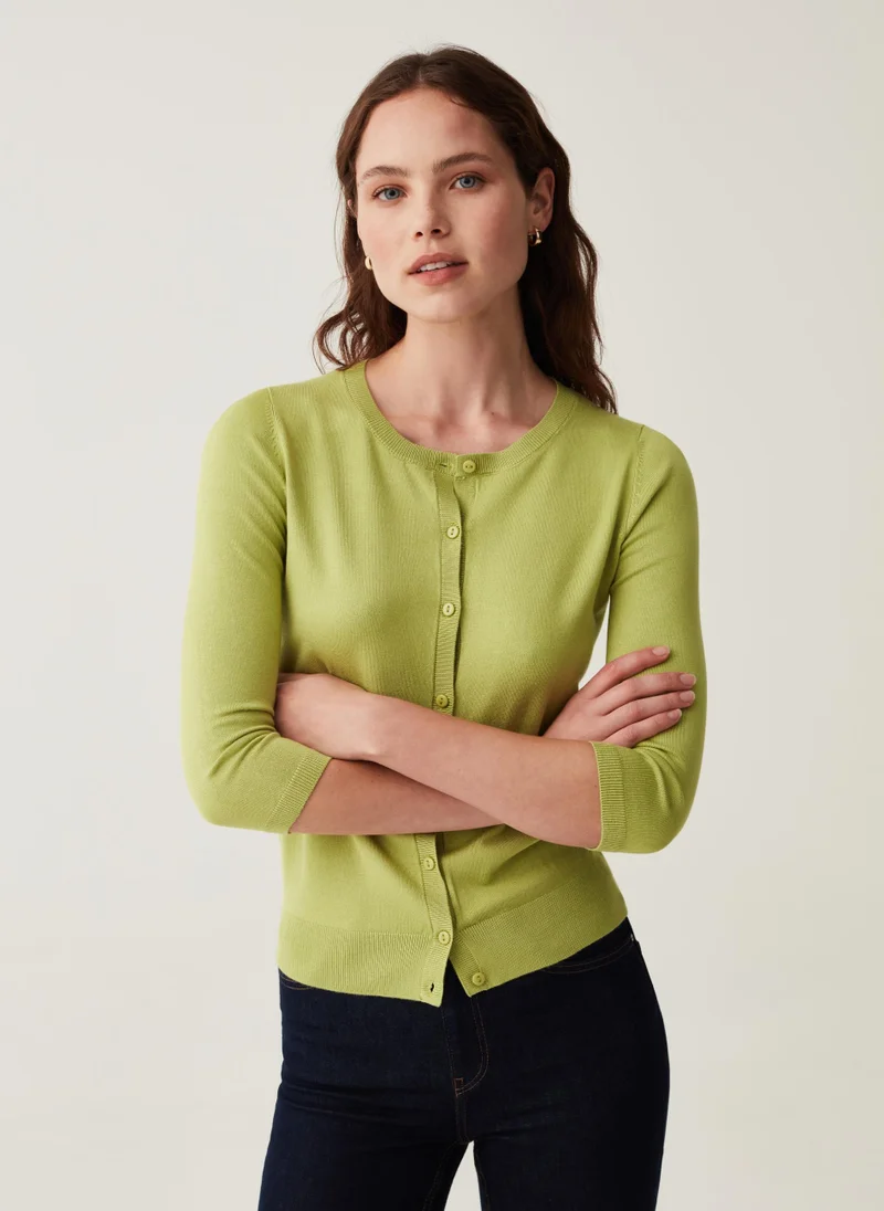 او في اس Cardigan with three-quarter sleeves and round neck