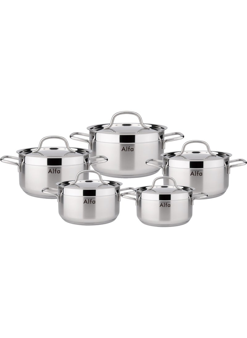 ALFA طقم أواني الطهي من ALFA 10 قطع من الفولاذ المقاوم للصدأ - أواني أنيقة بلمسة مرآة مع أغطية | مجموعة مطبخ متينة وآمنة للاستخدام على الموقد