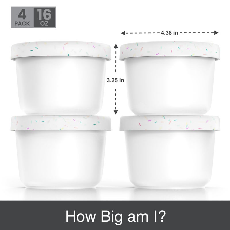 BALCI - 16oz Ice Cream Containers with Silicone Lids (Set of 4) - 1 Pint Each Freezer Food Storage Containers, Reusable, LeakProof, For Homemade IceCream Containers - White with Sprinkles - Image 3