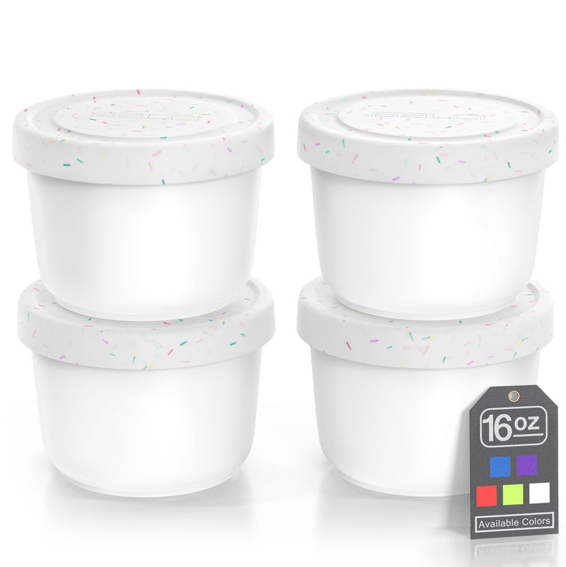 BALCI - 16oz Ice Cream Containers with Silicone Lids (Set of 4) - 1 Pint Each Freezer Food Storage Containers, Reusable, LeakProof, For Homemade IceCream Containers - White with Sprinkles - Image 1